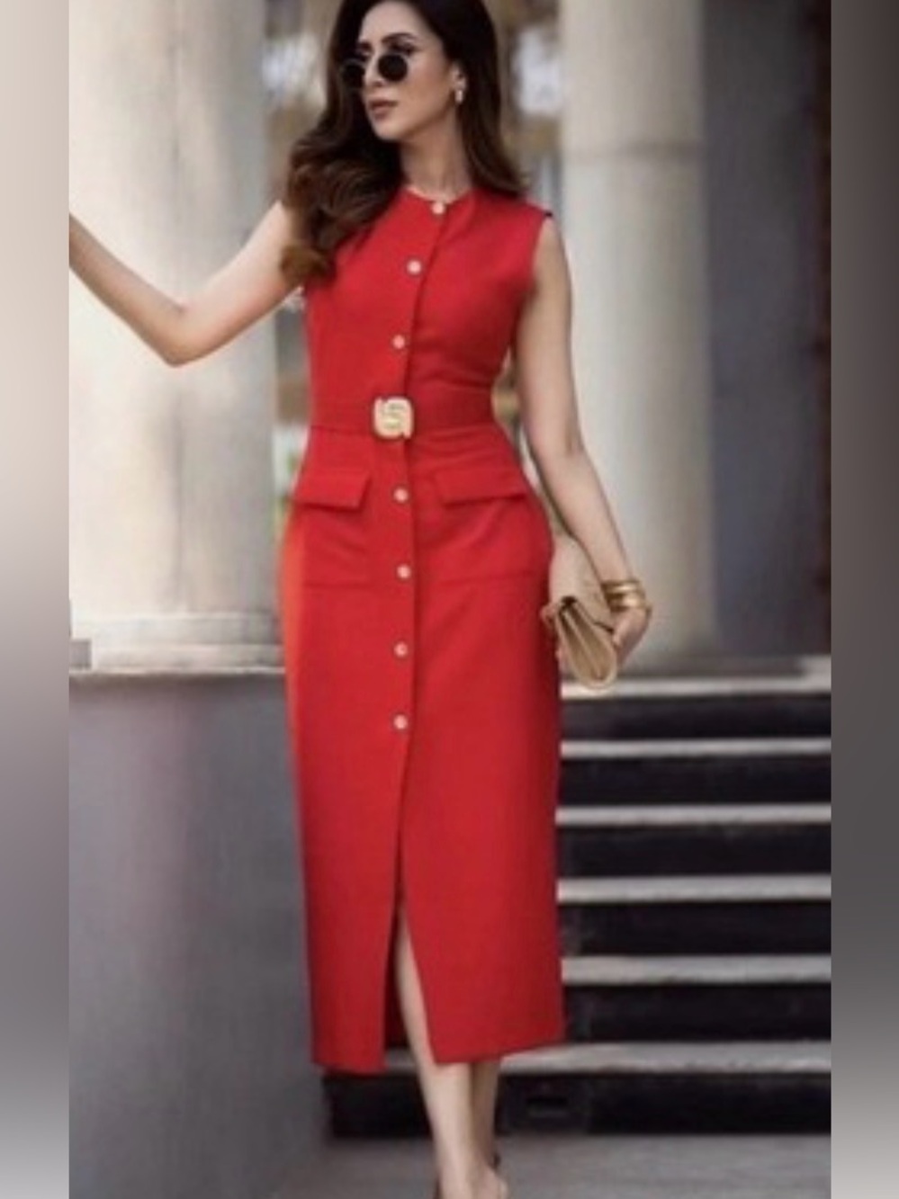 Zara 3897/054/600 Red Gold Button Belted Midi Dress XS